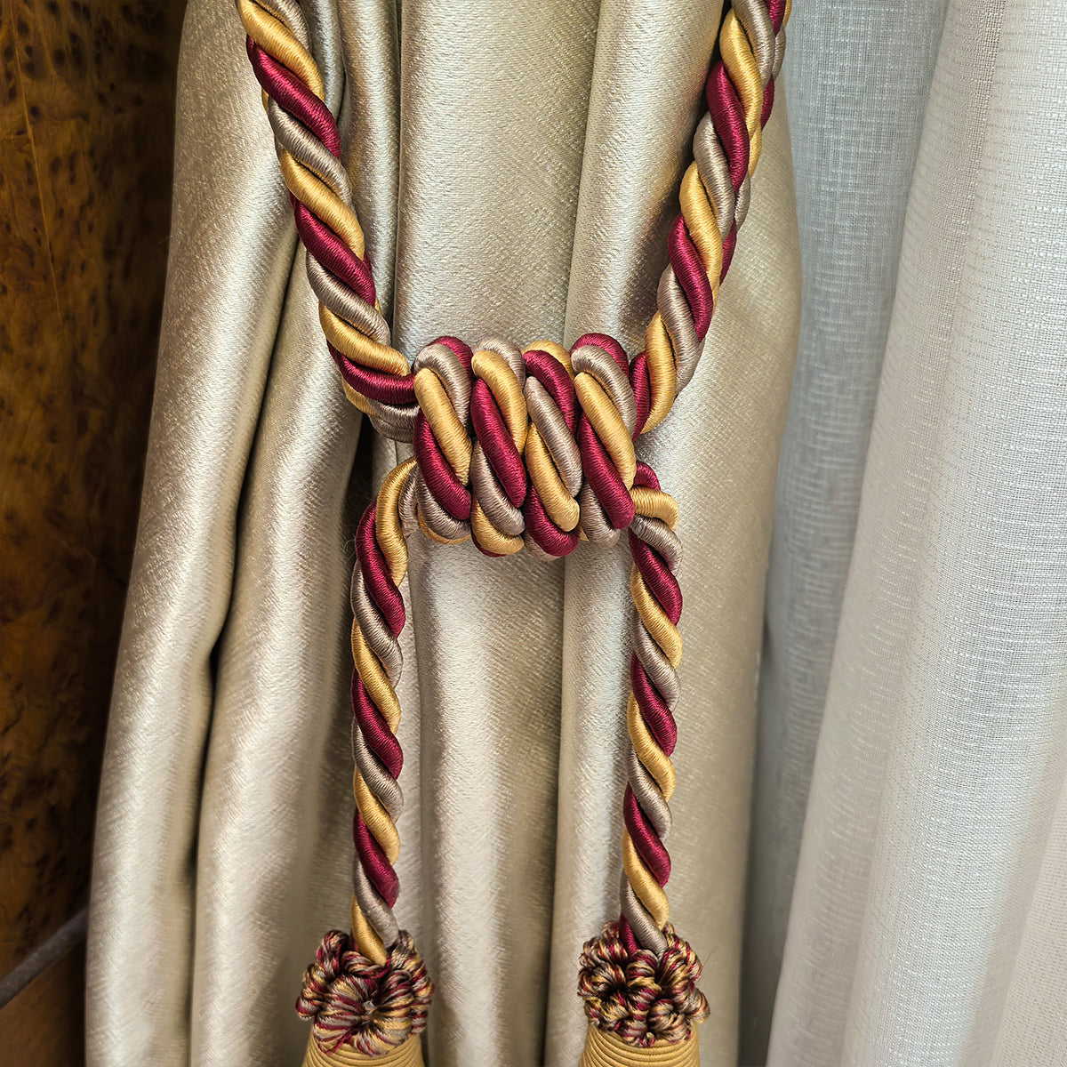 2 Packs Vintage Gold & Burgundy Double Tassel Curtain Tieback, 30 in – Handcrafted Decorative Rope Holdback for Drapes and Classic Home Décor  E2556
