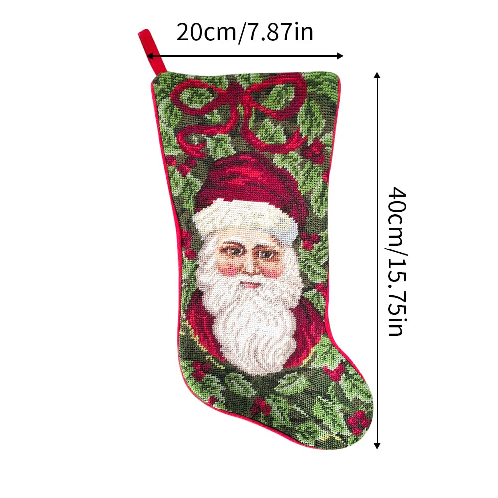 Hand-Embroidered Christmas Stocking, 16 x 8 in – 100% Wool Needlepoint Holiday Decoration with Classic Santa Design