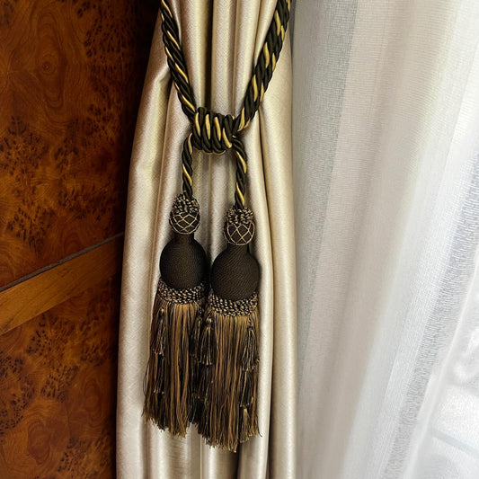 2 Packs Luxury Black & Gold Double Tassel Curtain Tieback, 28 in – Handcrafted Decorative Rope Holdback for Drapes and Home Interior Styling   E2503_B