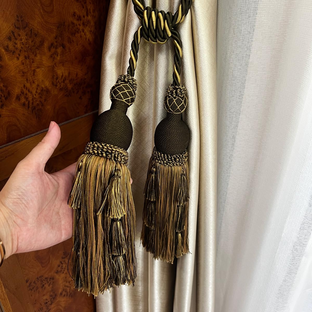2 Packs Luxury Black & Gold Double Tassel Curtain Tieback, 28 in – Handcrafted Decorative Rope Holdback for Drapes and Home Interior Styling   E2503_B