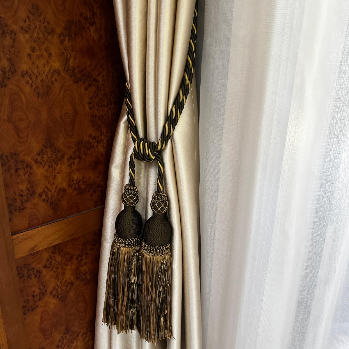 2 Packs Luxury Black & Gold Double Tassel Curtain Tieback, 28 in – Handcrafted Decorative Rope Holdback for Drapes and Home Interior Styling   E2503_B