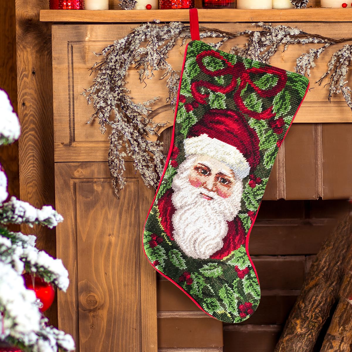 Hand-Embroidered Christmas Stocking, 16 x 8 in – 100% Wool Needlepoint Holiday Decoration with Classic Santa Design