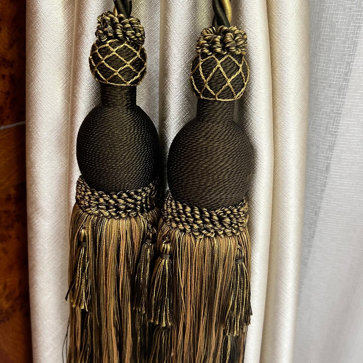 2 Packs Luxury Black & Gold Double Tassel Curtain Tieback, 28 in – Handcrafted Decorative Rope Holdback for Drapes and Home Interior Styling   E2503_B