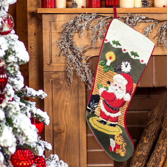 Hand-Embroidered Christmas Stocking, 18” × 7” – Vintage Needlepoint Santa Stocking for Holiday Décor, Fireplace Mantel & Gift Giving