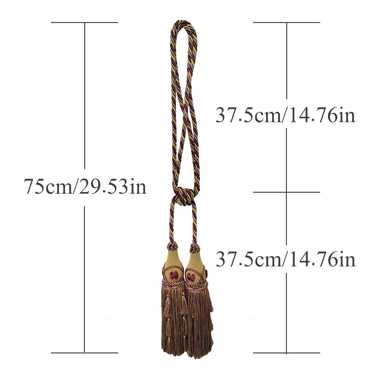 2 Packs Vintage Gold & Burgundy Double Tassel Curtain Tieback, 30 in – Handcrafted Decorative Rope Holdback for Drapes and Classic Home Décor  E2556