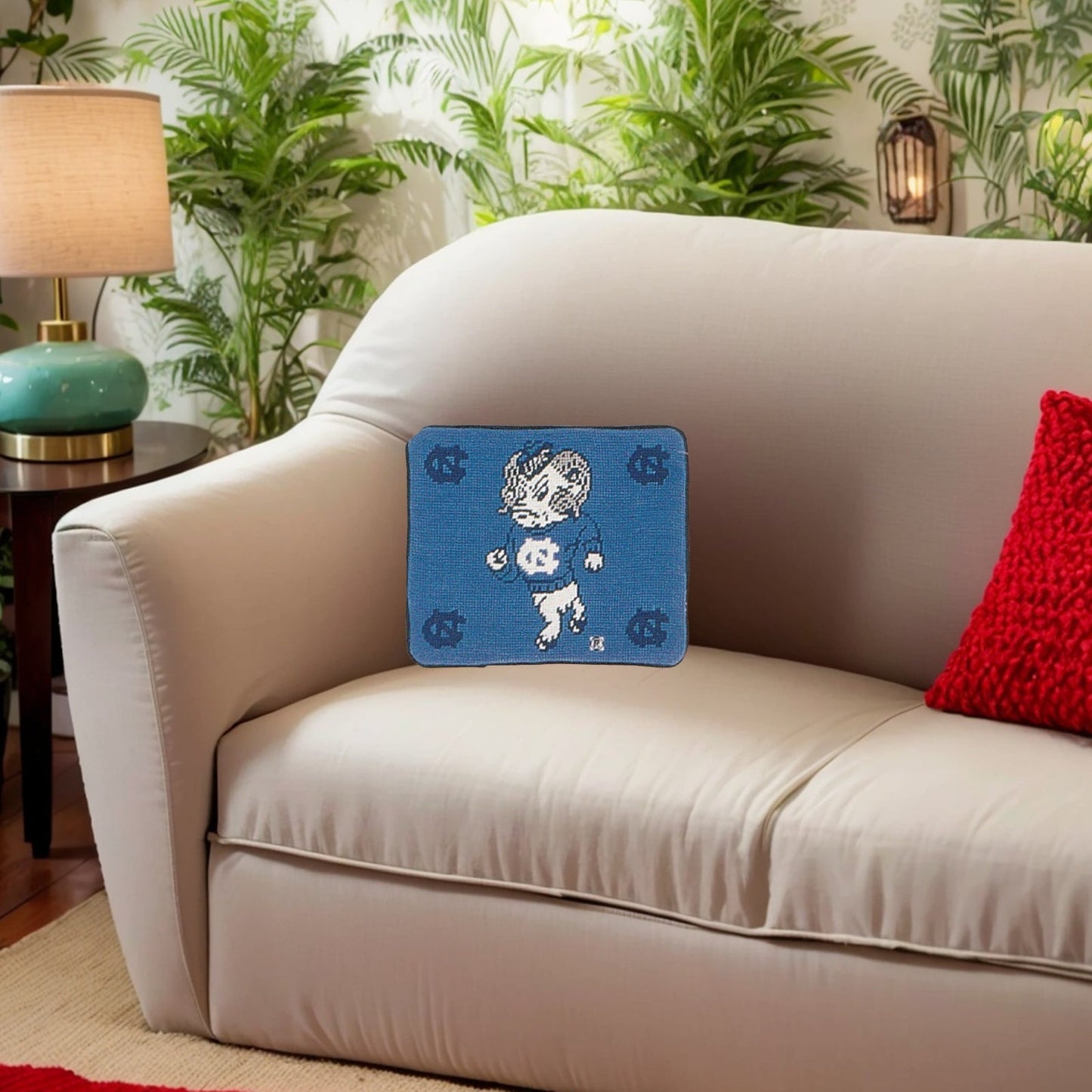 Handmade Wool Needlepoint Pillow Cover - Decorative Throw Cushion Cover - Vintage Floral Embroidery DesignU of NC Tar Heels