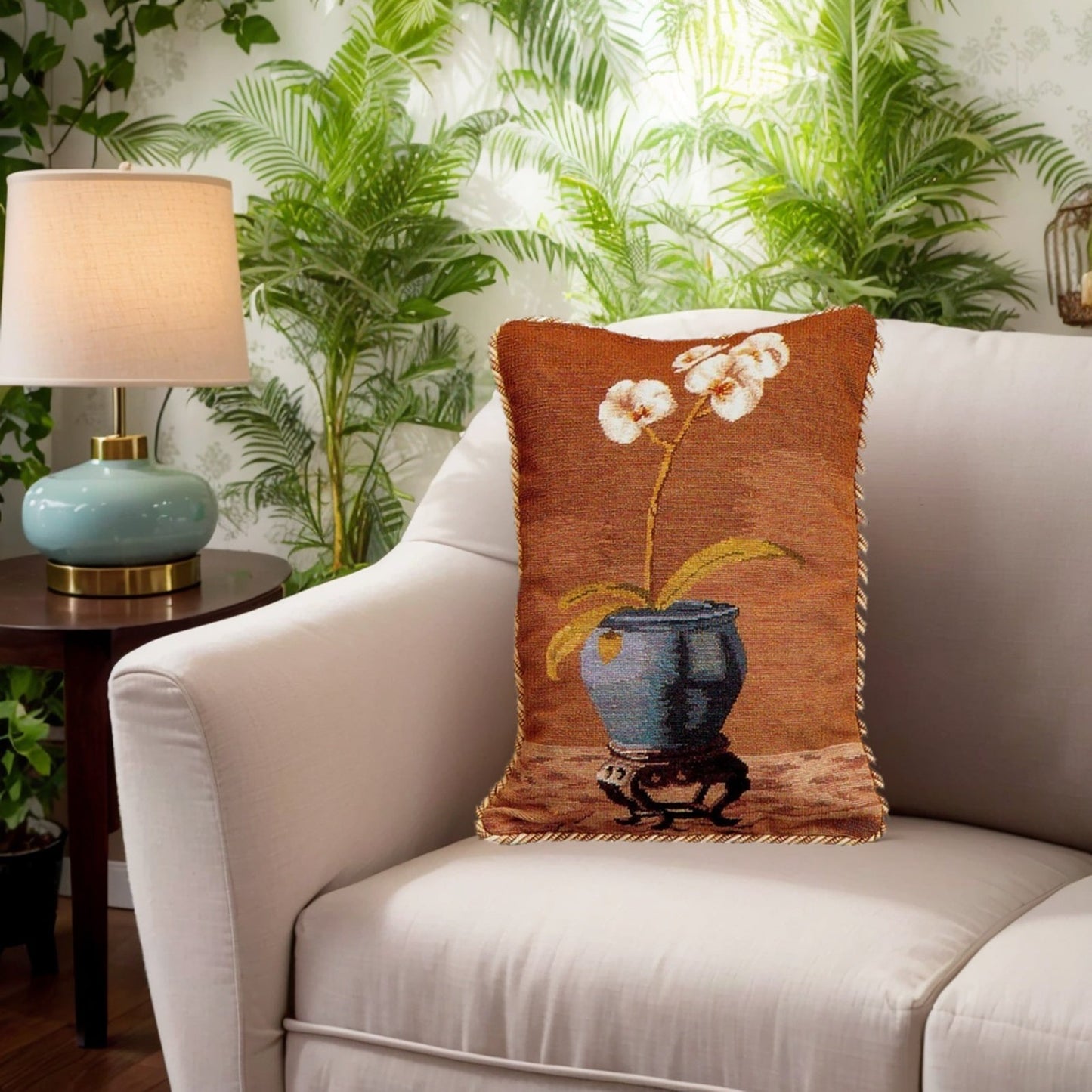 Handmade Wool Needlepoint Pillow Cover - Decorative Throw Cushion Cover - Vintage Floral Embroidery Design  white orchard in blue pot with 2 color cording