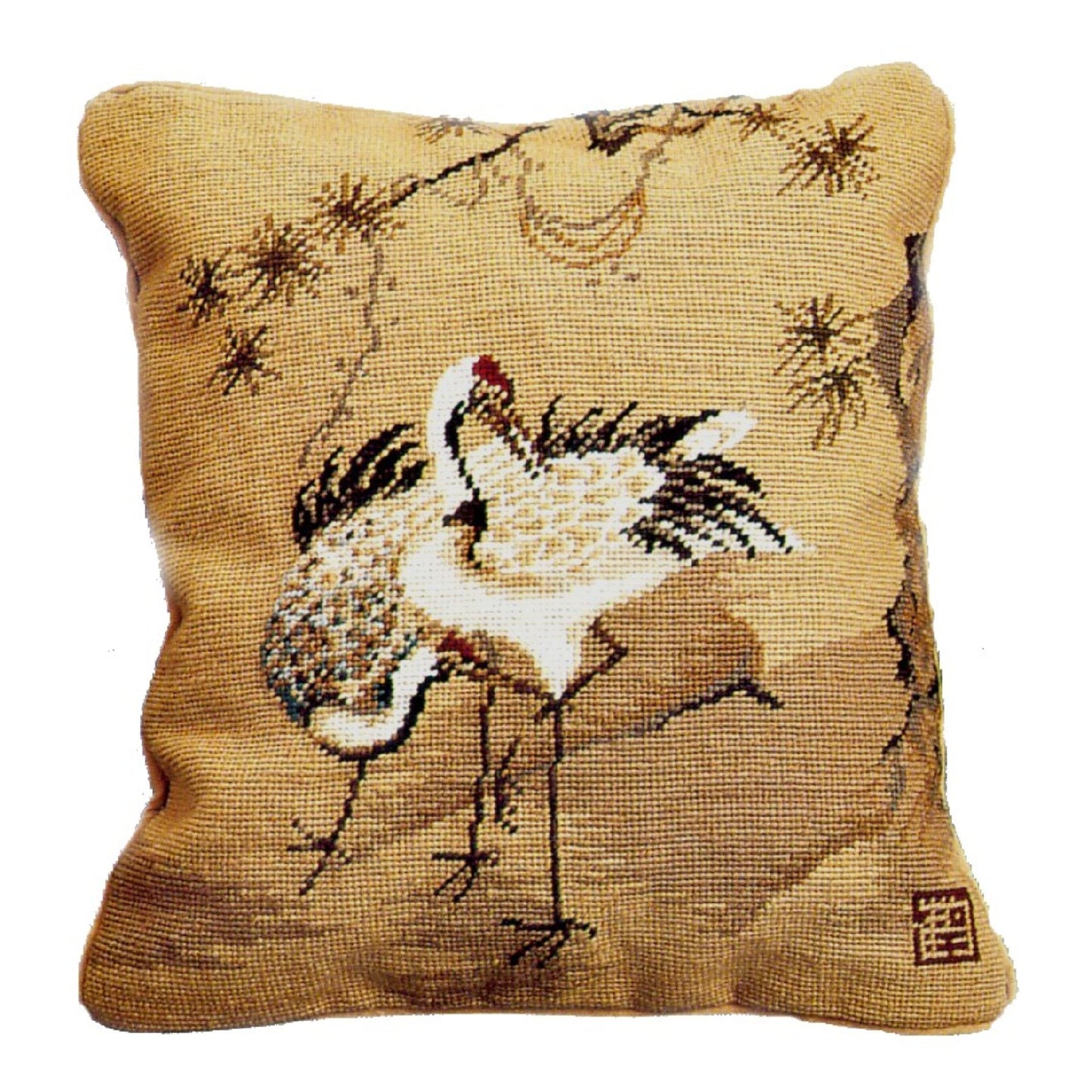 Handmade Wool Needlepoint Pillow Cover - Decorative Throw Cushion Cover - Vintage Floral Embroidery Design  Cranes with pine tree 1