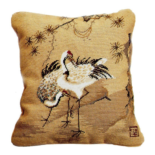 Handmade Wool Needlepoint Pillow Cover - Decorative Throw Cushion Cover - Vintage Floral Embroidery Design  Cranes with pine tree 1