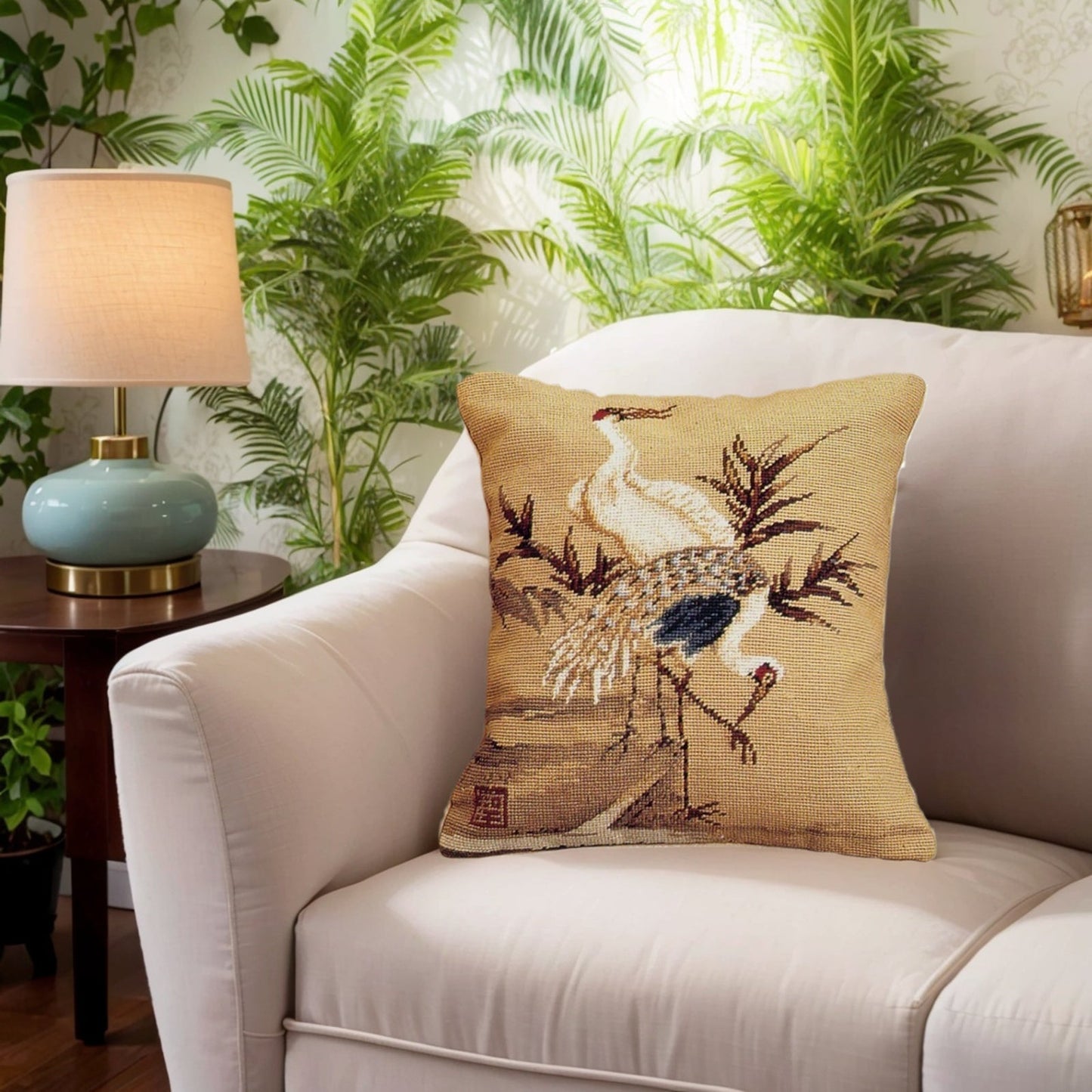 Handmade Wool Needlepoint Pillow Cover - Decorative Throw Cushion Cover - Vintage Floral Embroidery Design  Cranes with green leaves