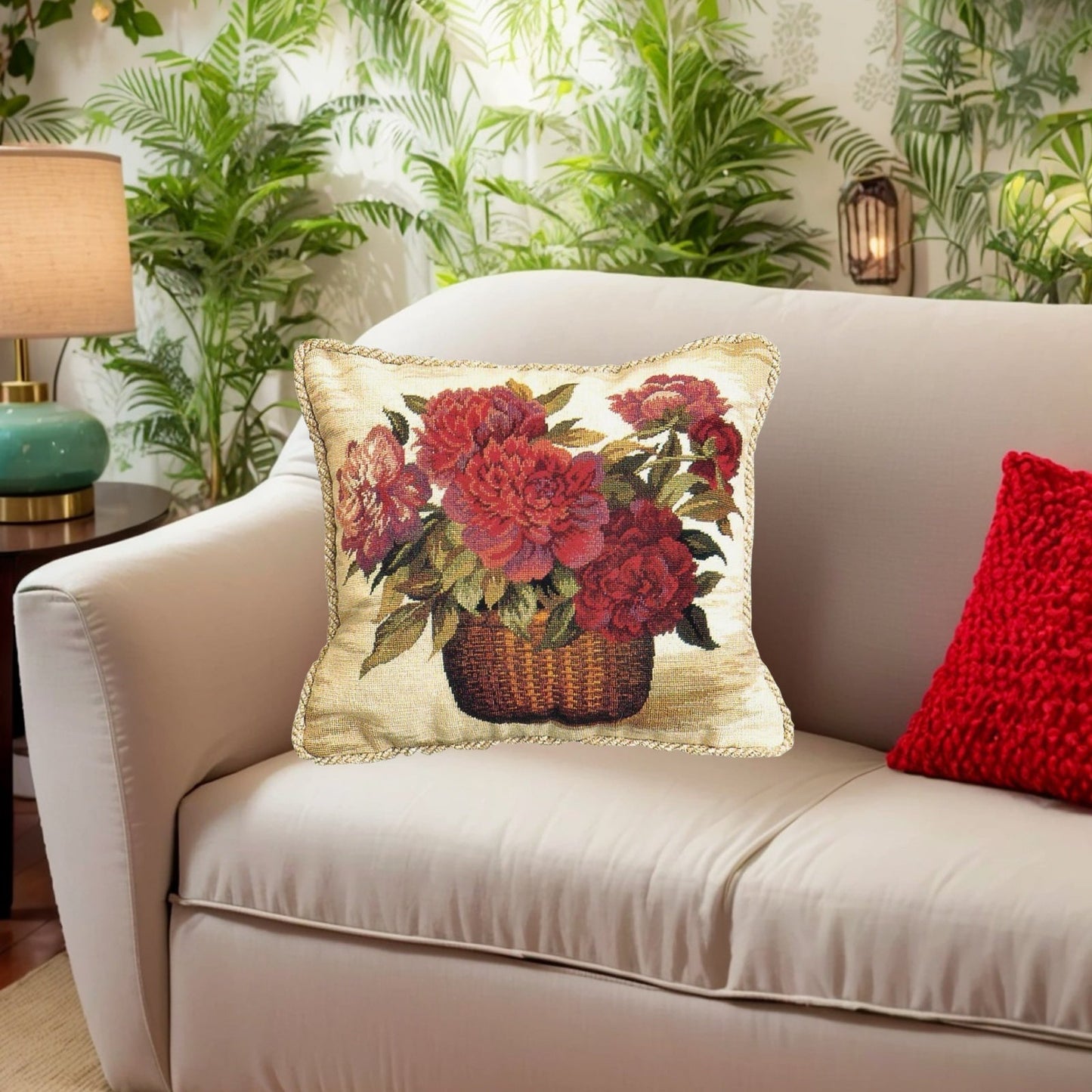 Handmade Wool Needlepoint Pillow Cover - Decorative Throw Cushion Cover - Vintage Floral Embroidery Design  Peoney basket with 2 color cording