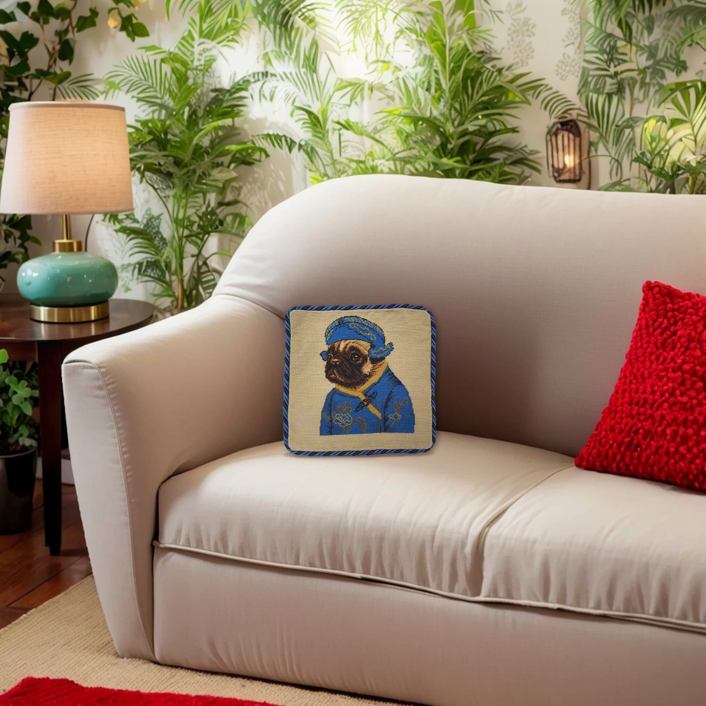 Handmade Wool Needlepoint Pillow Cover - Decorative Throw Cushion Cover - Vintage Floral Embroidery Design  pug boy in blue with 3 color cording