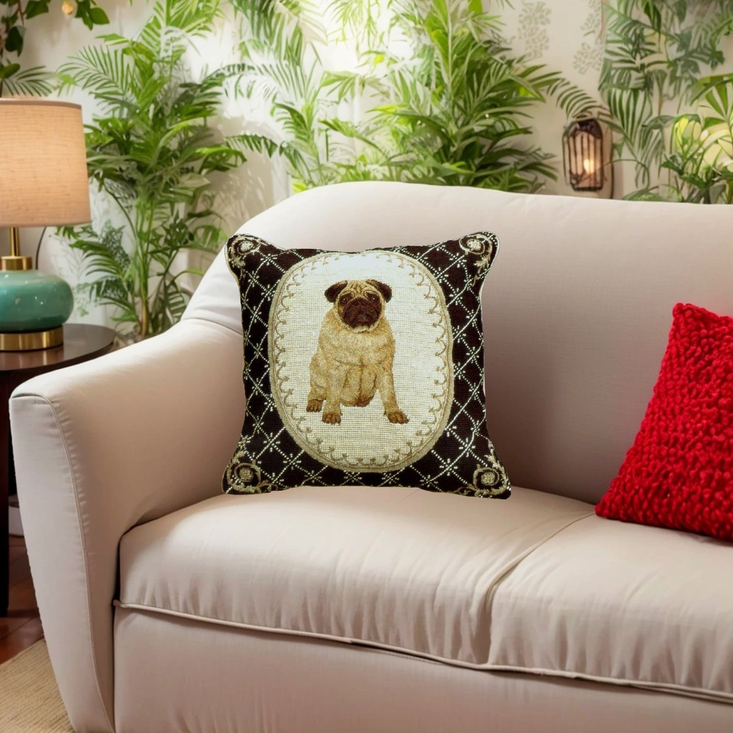 Handmade Wool Needlepoint Pillow Cover - Decorative Throw Cushion Cover - Vintage Floral Embroidery Design Pettiepoint Pug in black frame