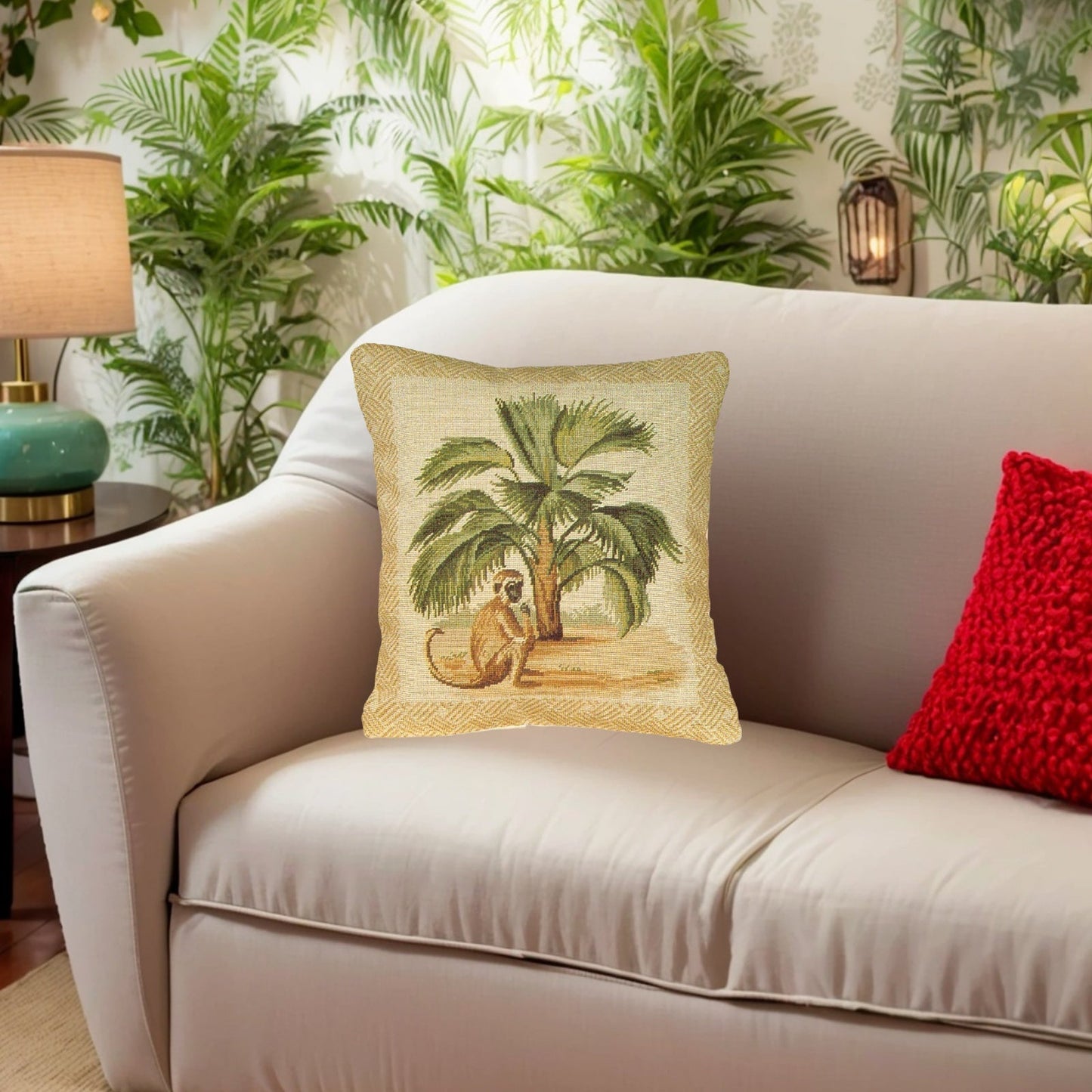 Handmade Wool Needlepoint Pillow Cover - Decorative Throw Cushion Cover - Vintage Floral Embroidery Design 5  long tail monkey & palm tree waved frame 1