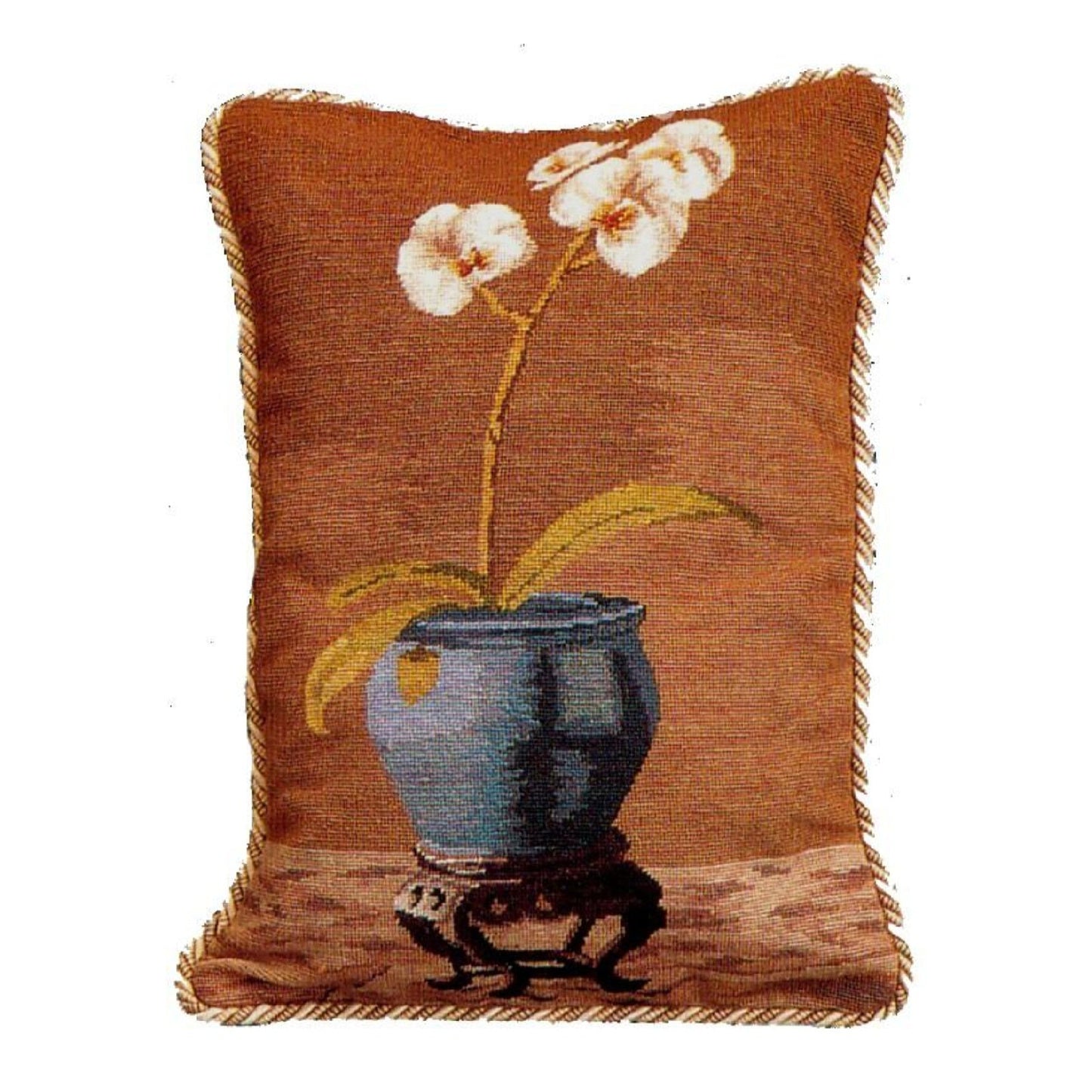 Handmade Wool Needlepoint Pillow Cover - Decorative Throw Cushion Cover - Vintage Floral Embroidery Design  white orchard in blue pot with 2 color cording