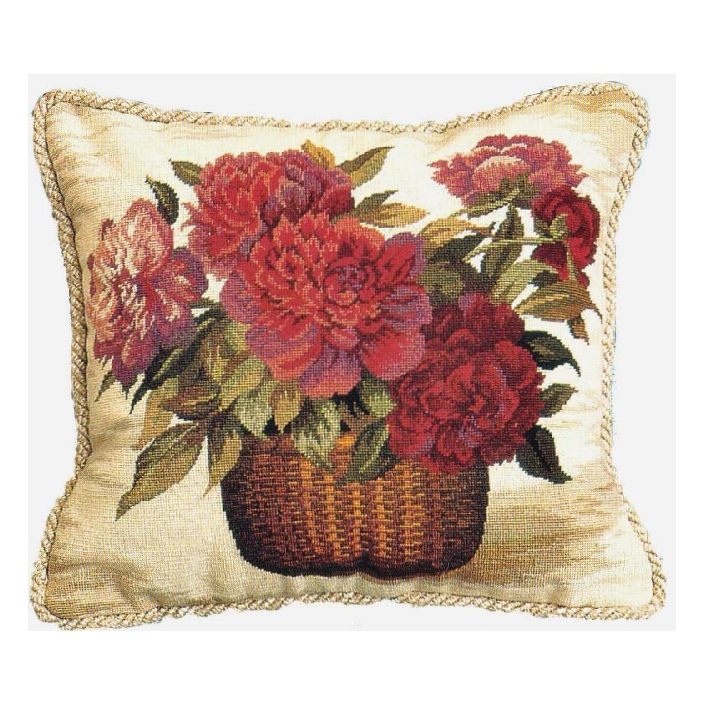 Handmade Wool Needlepoint Pillow Cover - Decorative Throw Cushion Cover - Vintage Floral Embroidery Design  Peoney basket with 2 color cording
