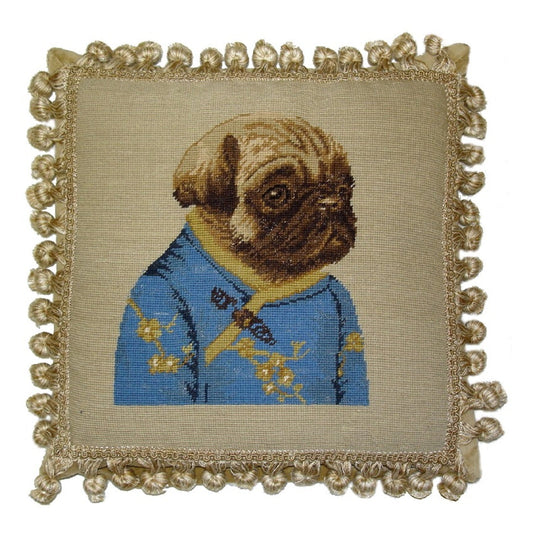 Handmade Wool Needlepoint Pillow Cover - Decorative Throw Cushion Cover - Vintage Floral Embroidery Design  pug girl in blue jacket with 3 color cording