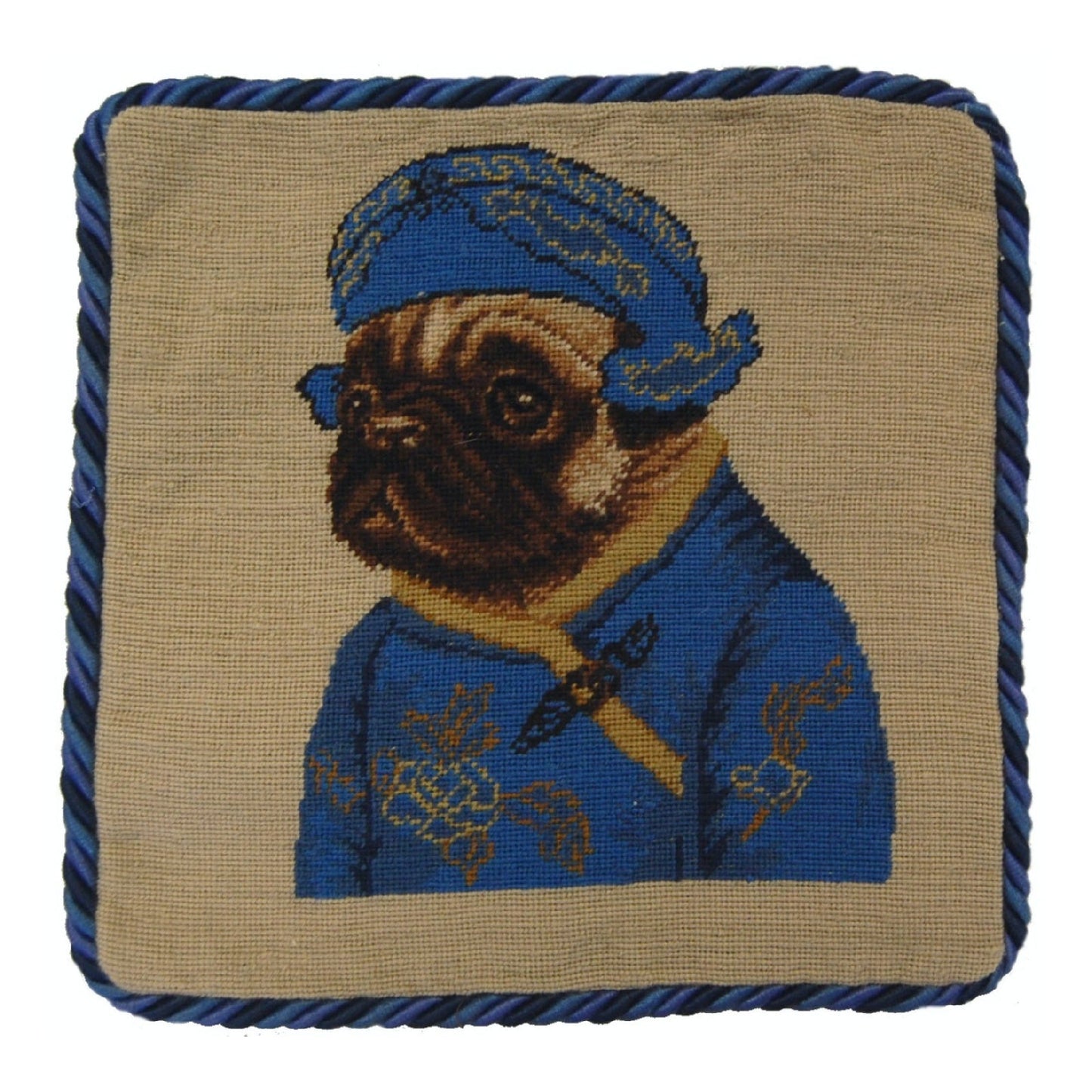 Handmade Wool Needlepoint Pillow Cover - Decorative Throw Cushion Cover - Vintage Floral Embroidery Design  pug boy in blue with 3 color cording