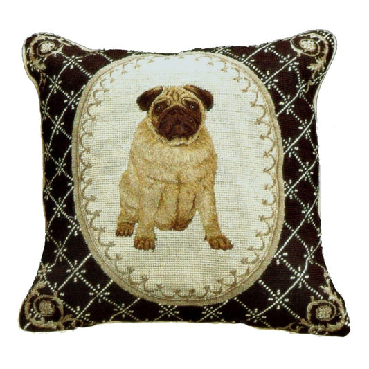 Handmade Wool Needlepoint Pillow Cover - Decorative Throw Cushion Cover - Vintage Floral Embroidery Design Pettiepoint Pug in black frame