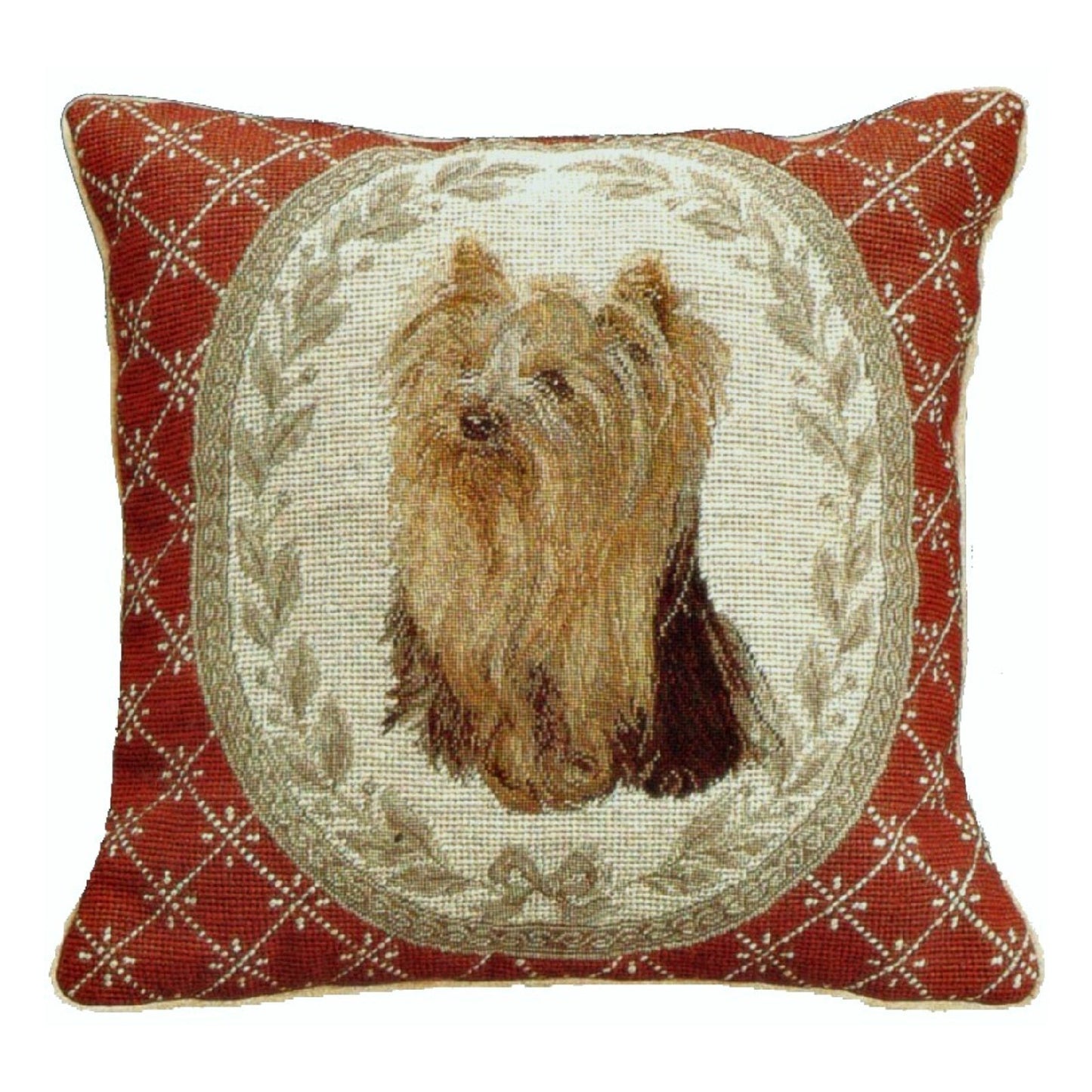 Handmade Wool Needlepoint Pillow Cover - Decorative Throw Cushion Cover - Vintage Floral Embroidery Design  Yorkshire Terrier in red weather frame