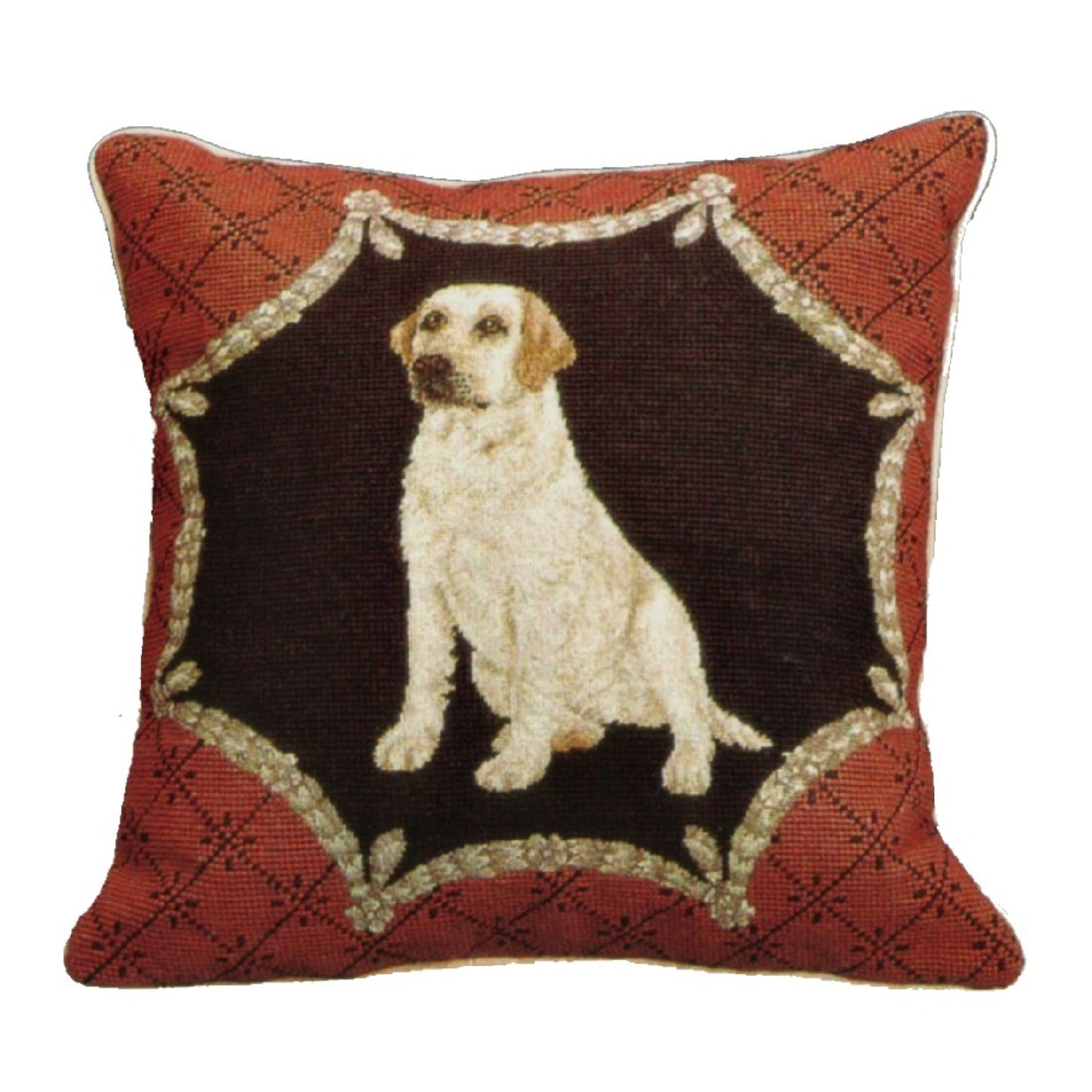 Handmade Wool Needlepoint Pillow Cover - Decorative Throw Cushion Cover - Vintage Floral Embroidery Design  yellow Labradorin red trimming frame