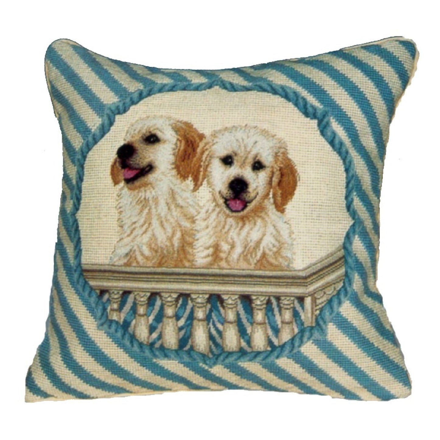 Handmade Wool Needlepoint Pillow Cover - Decorative Throw Cushion Cover - Vintage Floral Embroidery Design  2 puppies in balcony