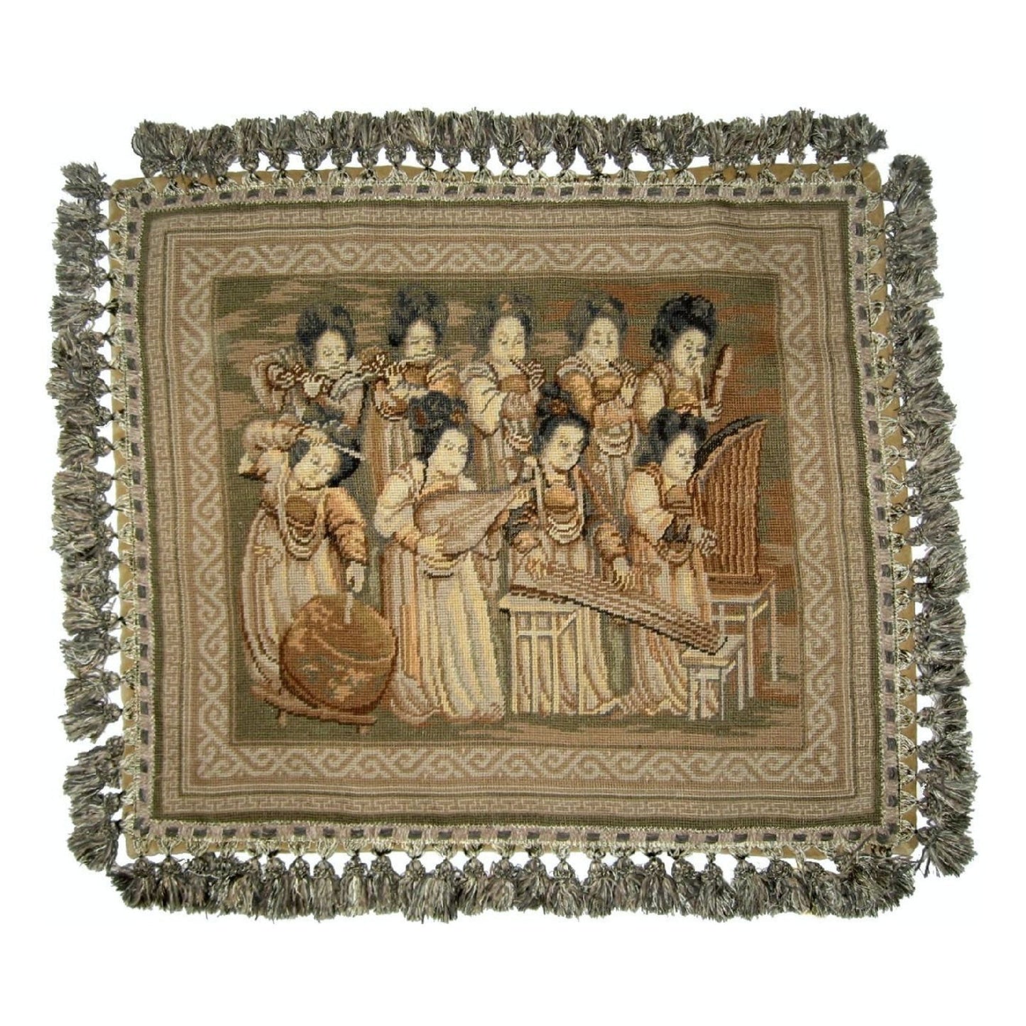 Handmade Wool Needlepoint Pillow Cover - Decorative Throw Cushion Cover - Vintage Floral Embroidery Design musician ladies from China old silk road painting with tassels