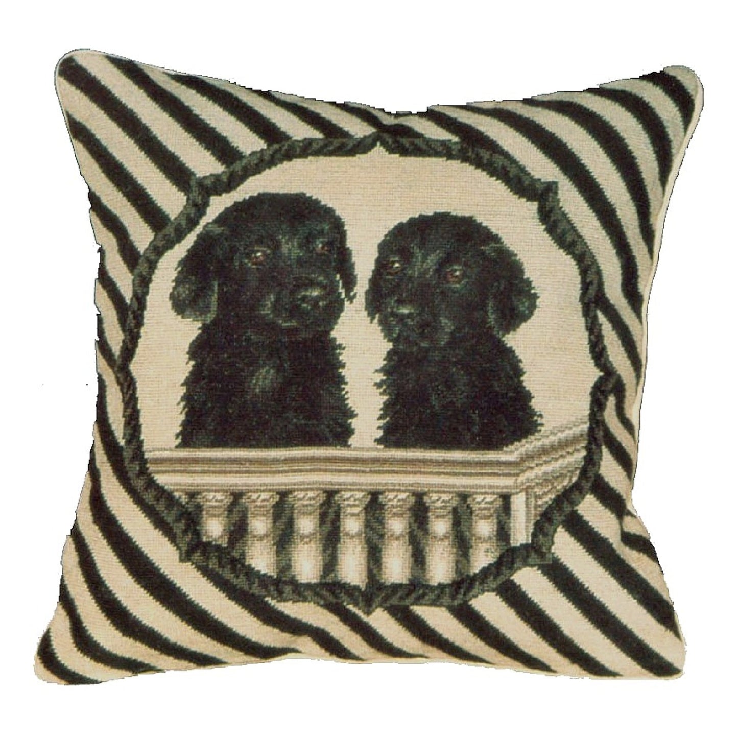 Handmade Wool Needlepoint Pillow Cover - Decorative Throw Cushion Cover - Vintage Floral Embroidery Design  twin black Labrador in balcony