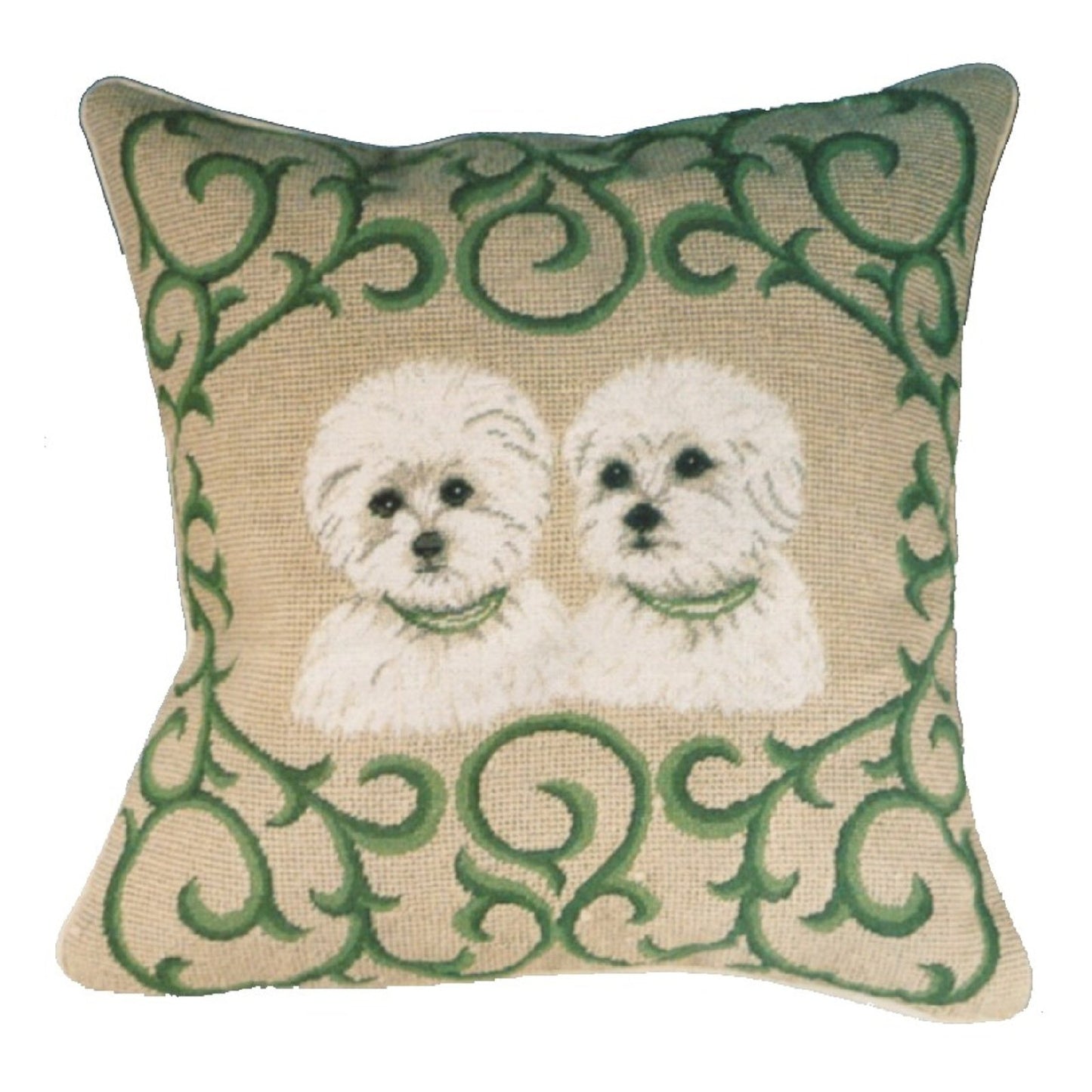 Handmade Wool Needlepoint Pillow Cover - Decorative Throw Cushion Cover - Vintage Floral Embroidery Design  twin Westie in green leave frame