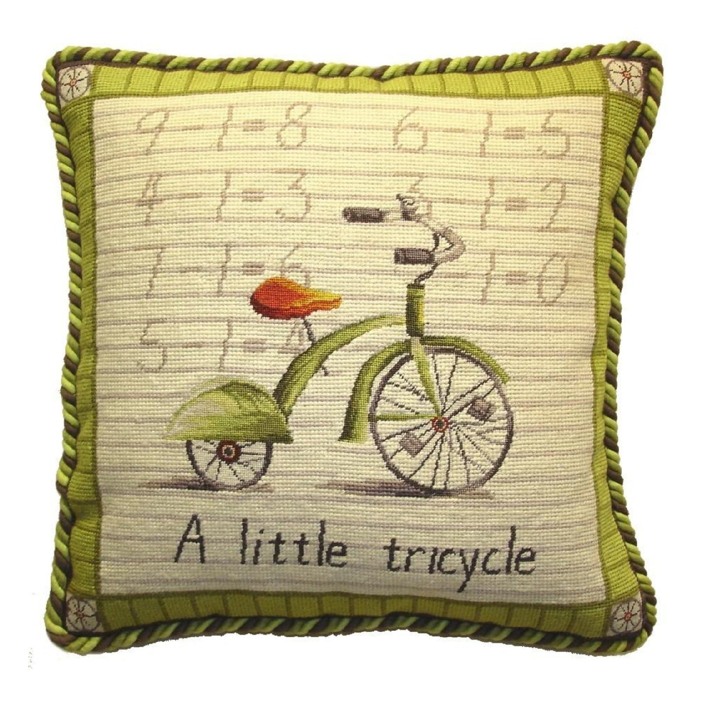 Handmade Wool Needlepoint Pillow Cover - Decorative Throw Cushion Cover - Vintage Floral Embroidery Design Tricycle Lauren Hamilton Design