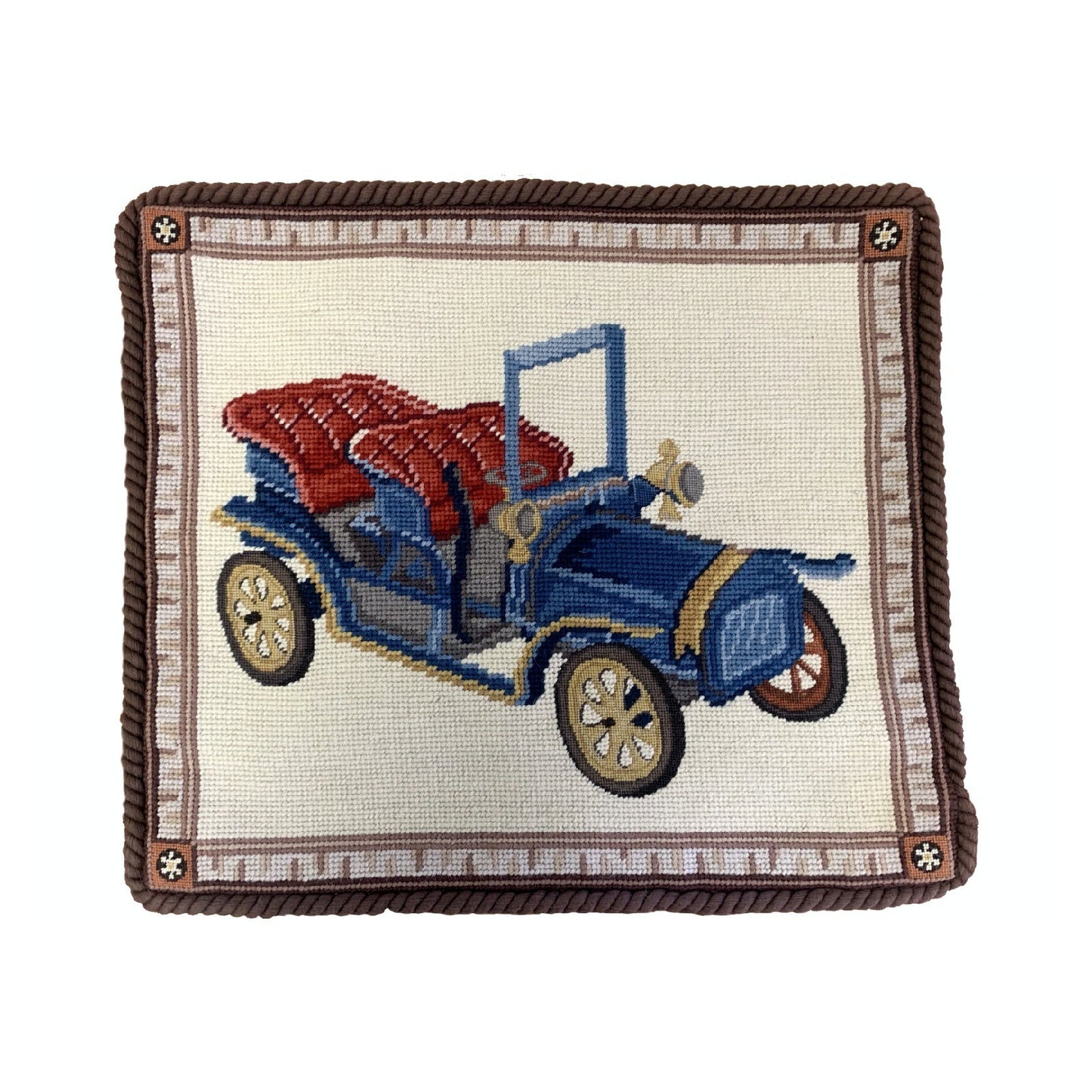 Handmade Wool Needlepoint Pillow Cover - Decorative Throw Cushion Cover - Vintage Floral Embroidery Design blue/red wagon with brown cording