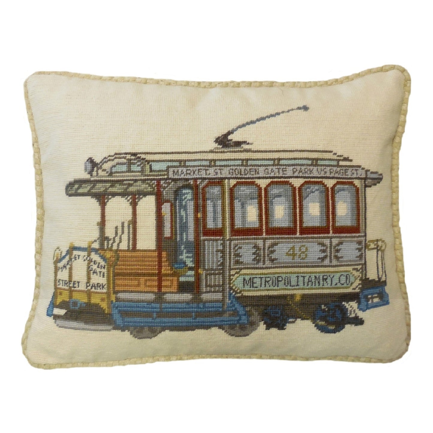 Handmade Wool Needlepoint Pillow Cover - Decorative Throw Cushion Cover - Vintage Floral Embroidery Design  of SF cable car Market-GGP-Page St checker cording