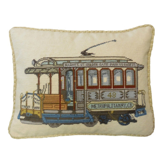 Handmade Wool Needlepoint Pillow Cover - Decorative Throw Cushion Cover - Vintage Floral Embroidery Design  of SF cable car Market-GGP-Page St checker cording