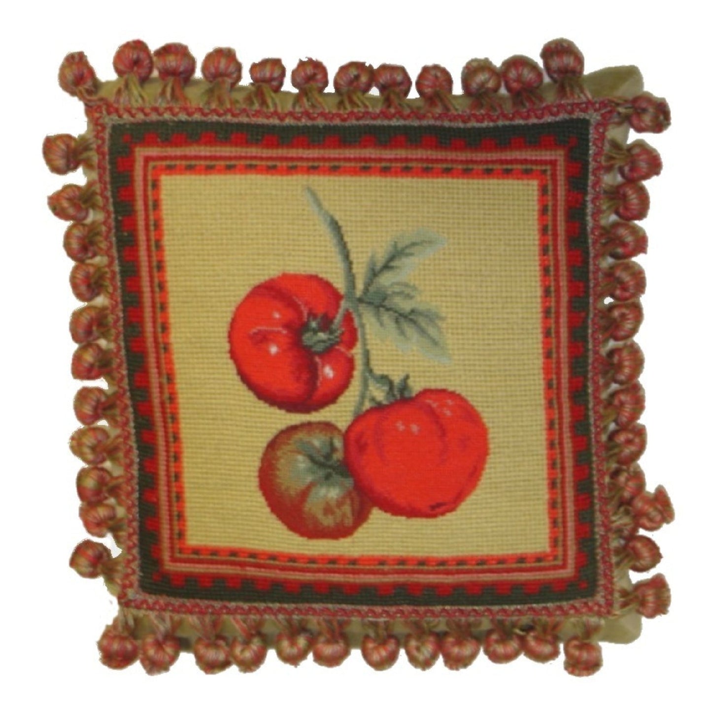 Handmade Wool Needlepoint Pillow Cover - Decorative Throw Cushion Cover - Vintage Floral Embroidery Design  background 3 color tassel