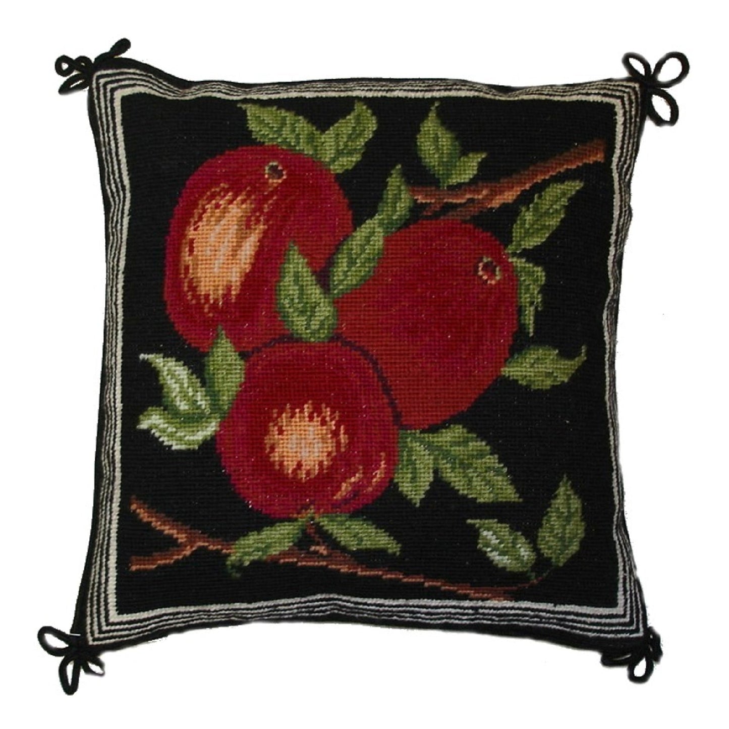 Handmade Wool Needlepoint Pillow Cover - Decorative Throw Cushion Cover - Vintage Floral Embroidery Design red apples black background