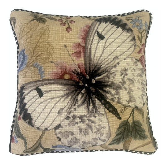 Handmade Wool Needlepoint Pillow Cover - Decorative Throw Cushion Cover - Vintage Floral Embroidery Design  butterfly w/b soft dots pink flower with cording