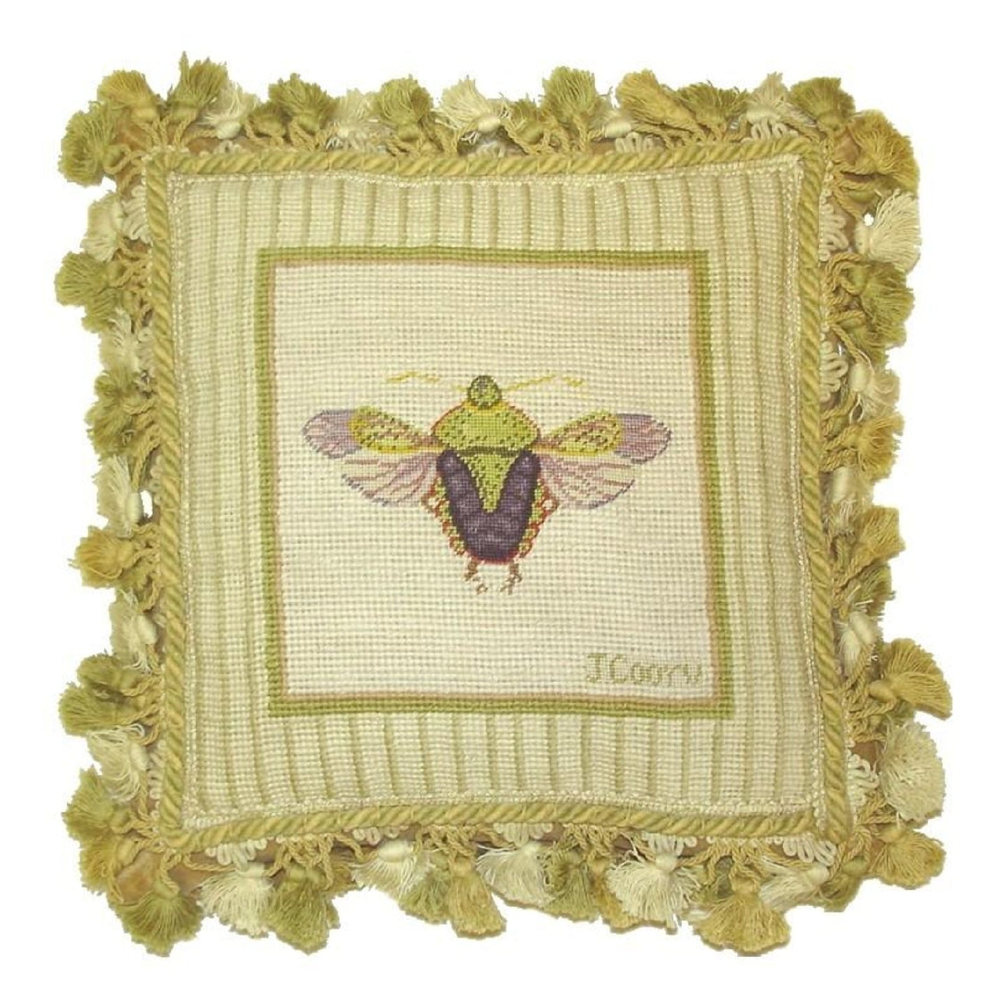 Handmade Wool Needlepoint Pillow Cover - Decorative Throw Cushion Cover - Vintage Floral Embroidery Design Jan Cooleys Stink Bug Finest insect Flyer grosspoint background with tassels
