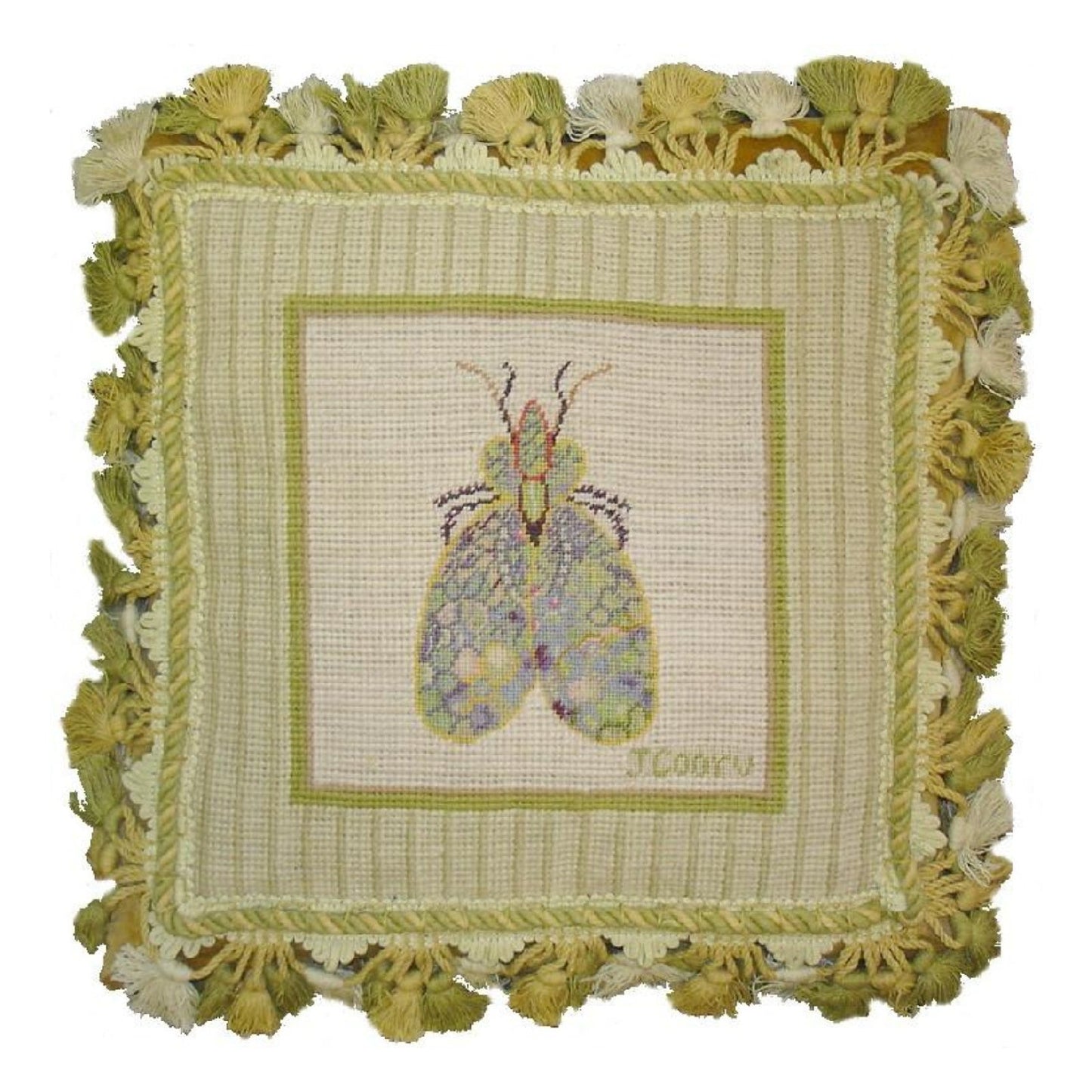 Handmade Wool Needlepoint Pillow Cover - Decorative Throw Cushion Cover - Vintage Floral Embroidery Design bee