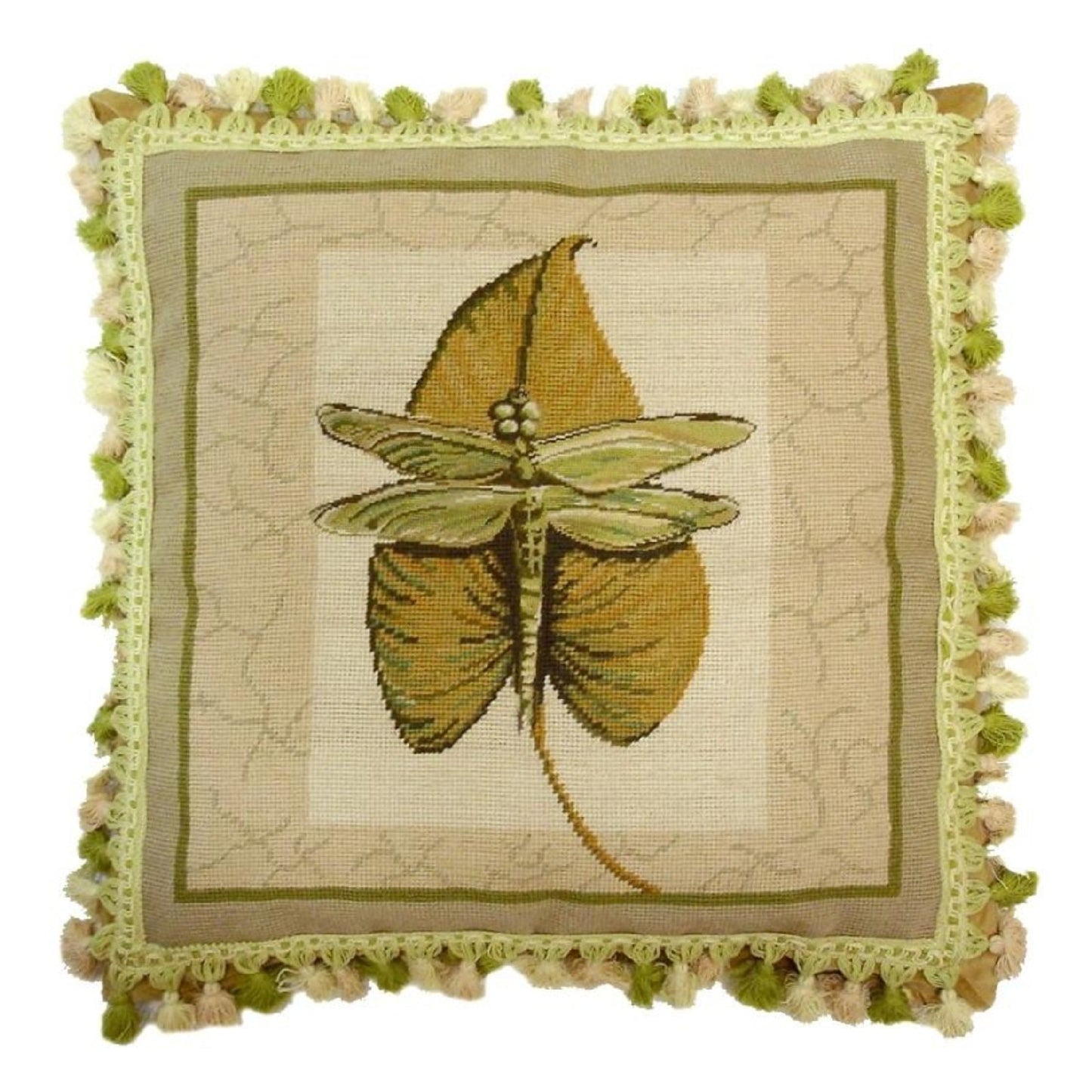 Handmade Wool Needlepoint Pillow Cover - Decorative Throw Cushion Cover - Vintage Floral Embroidery Design dragonfly background 2 color tassel