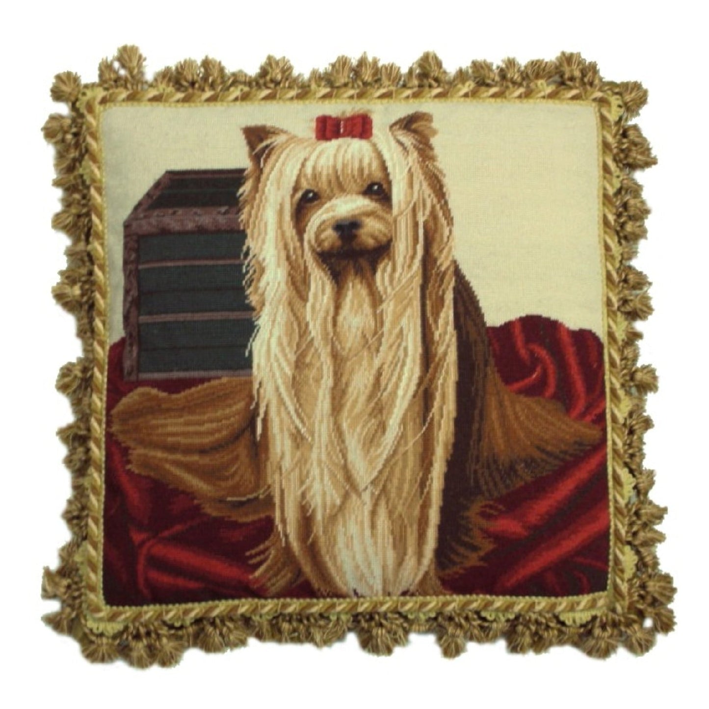 Handmade Wool Needlepoint Pillow Cover - Decorative Throw Cushion Cover - Vintage Floral Embroidery Design  Yoki-front with tassels