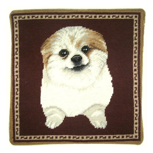 Handmade Wool Needlepoint Pillow Cover - Decorative Throw Cushion Cover - Vintage Floral Embroidery Design bichon burgundy background