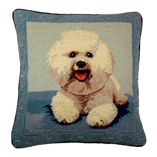 Handmade Wool Needlepoint Pillow Cover - Decorative Throw Cushion Cover - Vintage Floral Embroidery Design Bichon Frise in blue background