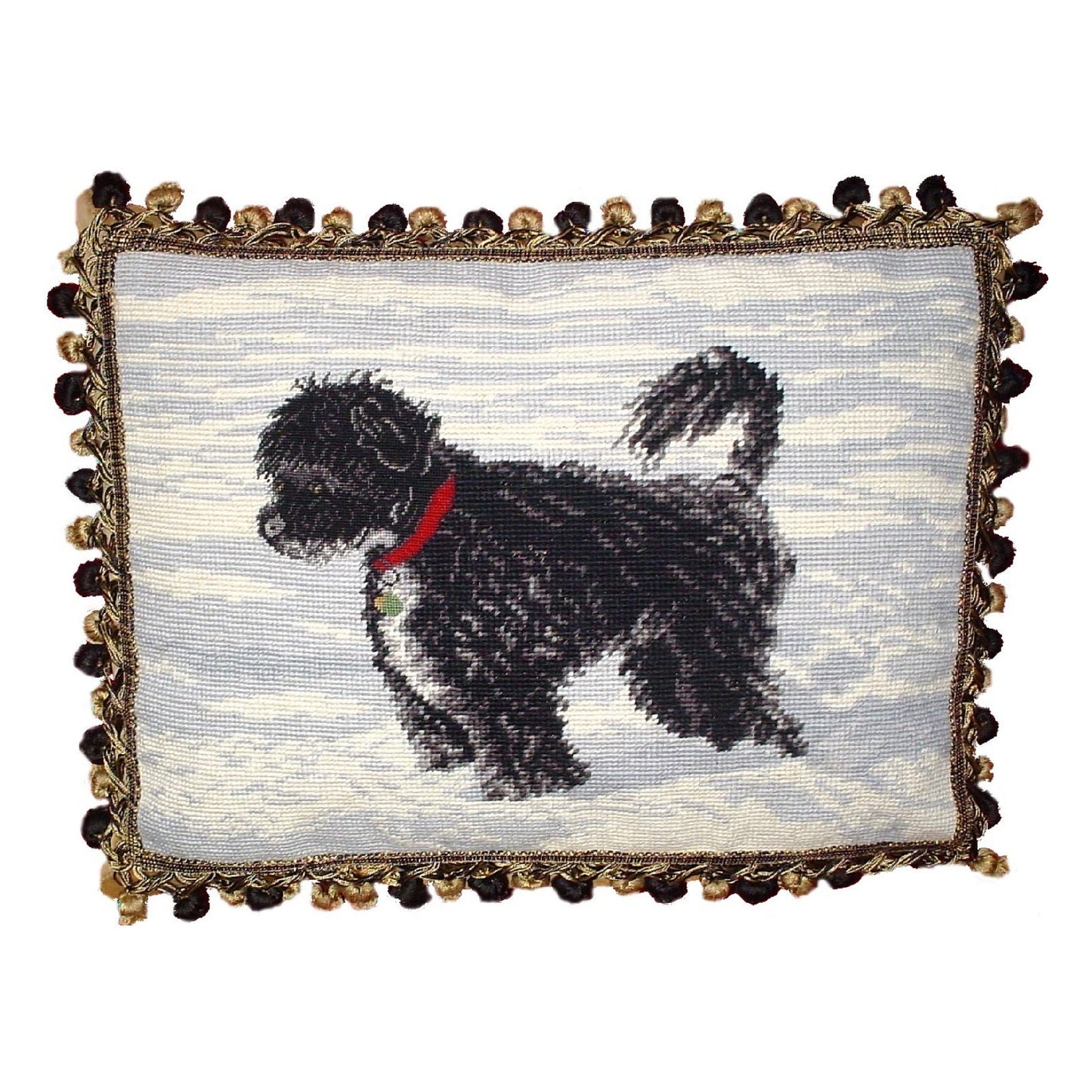 Handmade Wool Needlepoint Pillow Cover - Decorative Throw Cushion Cover - Vintage Floral Embroidery Design on WaterSpaniels face others 2 color tassels