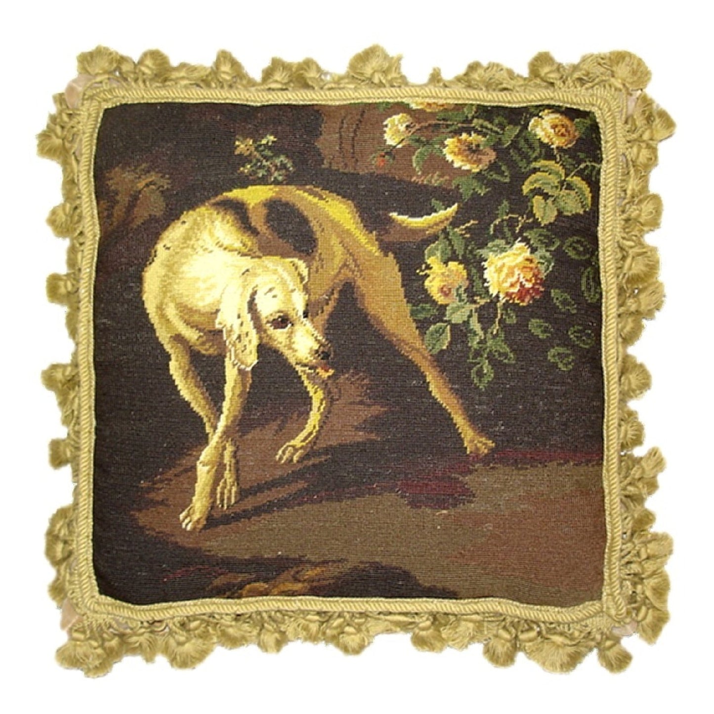 Handmade Wool Needlepoint Pillow Cover - Decorative Throw Cushion Cover - Vintage Floral Embroidery Design  brown hunting yellow rose with gold tassels