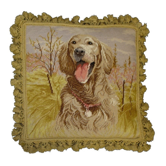 Handmade Wool Needlepoint Pillow Cover - Decorative Throw Cushion Cover - Vintage Floral Embroidery Design gold lab with tassel