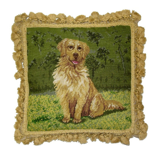 Handmade Wool Needlepoint Pillow Cover - Decorative Throw Cushion Cover - Vintage Floral Embroidery Design Golden Retrieve with tassels