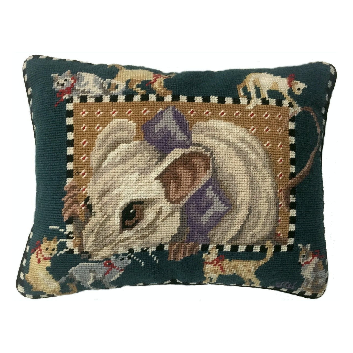Handmade Wool Needlepoint Pillow Cover - Decorative Throw Cushion Cover - Vintage Floral Embroidery Design mouse surrounded by cats & dogs