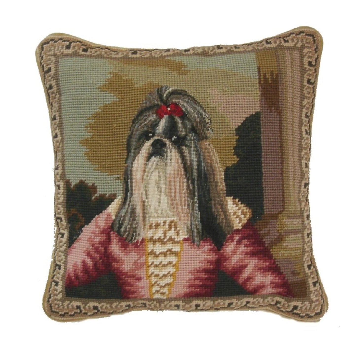 Handmade Wool Needlepoint Pillow Cover - Decorative Throw Cushion Cover - Vintage Floral Embroidery Design Shih Tzu background grosspoint