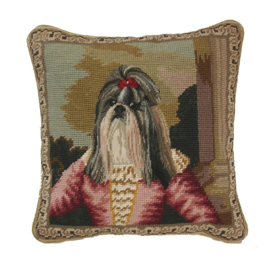 Handmade Wool Needlepoint Pillow Cover - Decorative Throw Cushion Cover - Vintage Floral Embroidery Design Shih Tzu background grosspoint