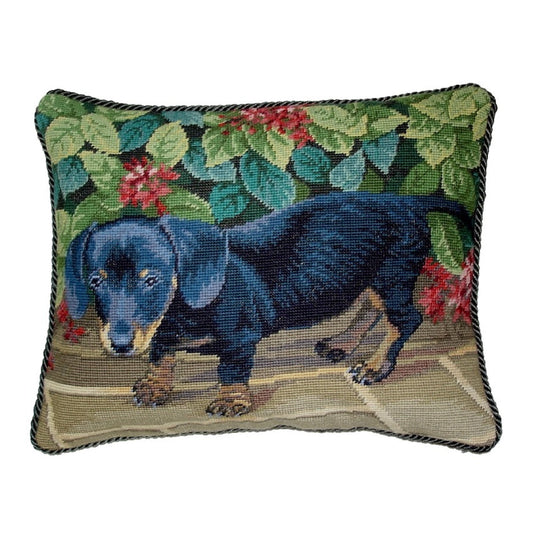 Handmade Wool Needlepoint Pillow Cover - Decorative Throw Cushion Cover - Vintage Floral Embroidery Design black dog green cording